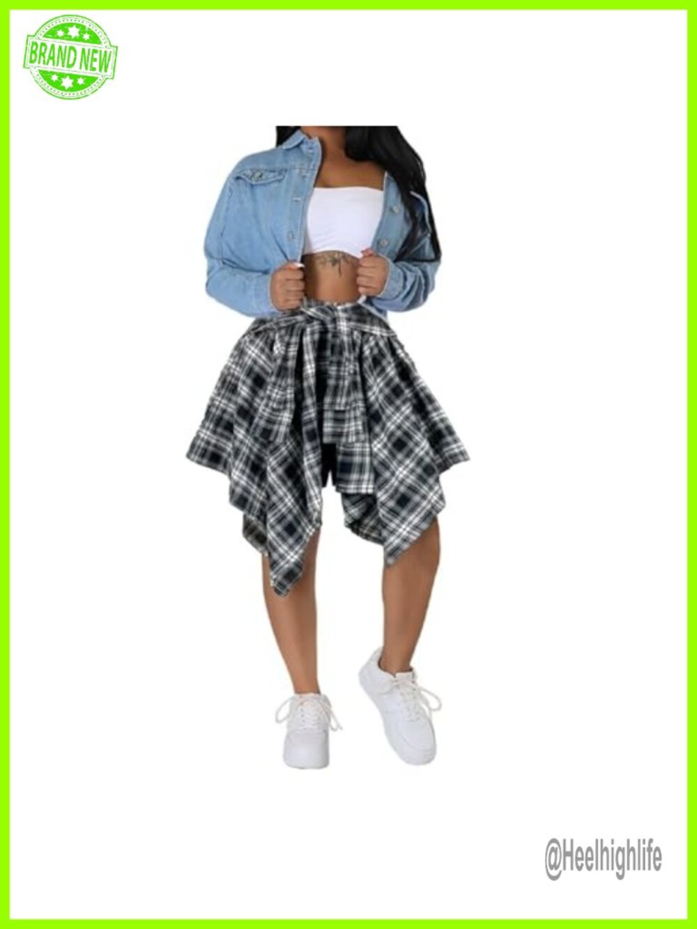 Plaid Asymmetrical Hem High Waist Knot Mini Skirt